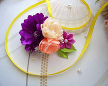 Charger l&#39;image dans la galerie, Pince cheveux mariage champêtre,Barrette française avec fleurs en satin violet, crème et pêche