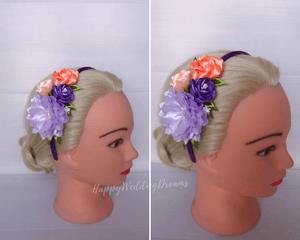Serre-tête avec fleurs en violet et orange, Bandeau cheveux fille, Diadème floral