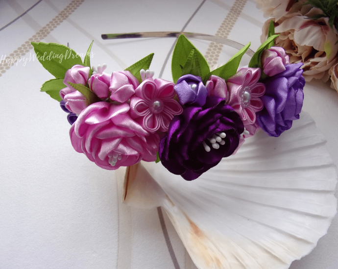 Serre-tête fleurs en satin violet et lilas, Bandeau fleurs mariage champêtre
