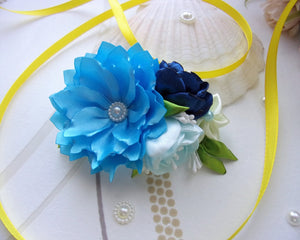 Barrette française avec fleurs en satin bleu, Pince cheveux mariage champêtre