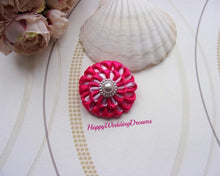 Charger l&#39;image dans la galerie, Pince à cheveux avec fleur kanzashi en satin rose et blanc, Petite barrette pour fille
