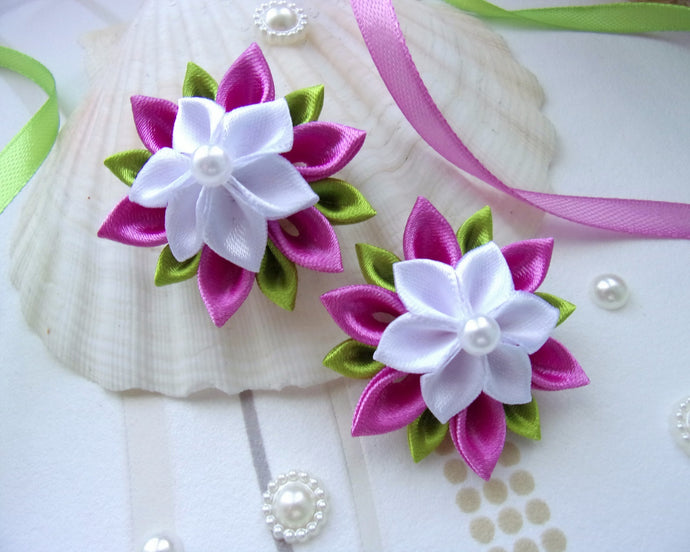 Élastique queue de cheval nattes petite fille avec fleur kanzashi rose et blanc, Chouchou