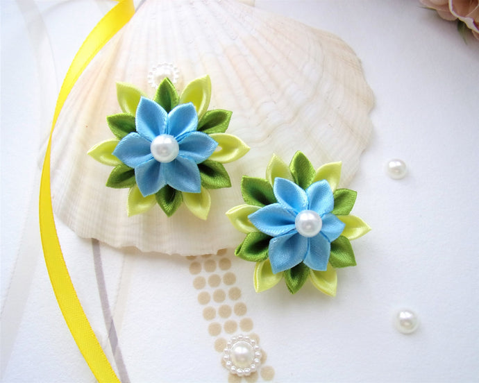 Élastique cheveux fleur kanzashi jaune et bleu, queue de cheval, nattes petite fille, Chouchou
