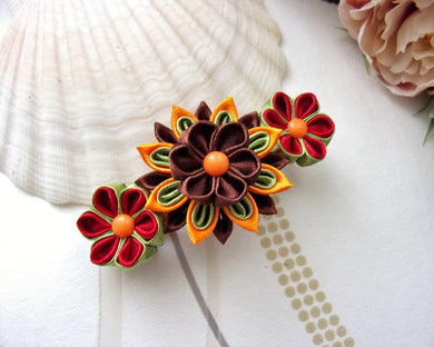 Barrette française avec fleurs kanzashi en couleurs d'automne, Pince à cheveux longs