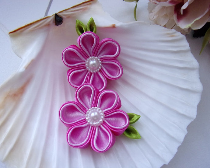 Fleur cheveux Clip barrette, Pince cheveux fleur kanzashi en satin rose