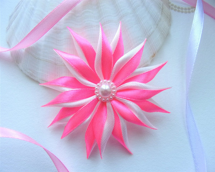 Pince à cheveux fleur en satin rose et blanc, Barrette à cheveux mariage