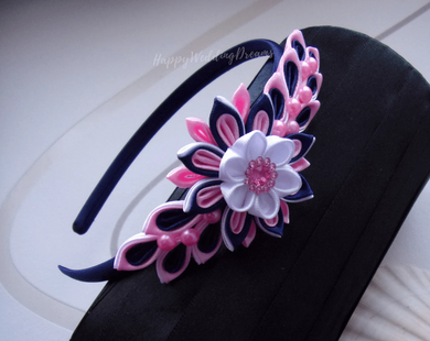 Serre-tête fleur kanzashi rose et bleu marine, Bandeau cheveux fille, Diadème
