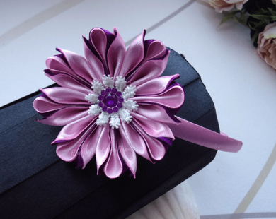 Serre-tête fille fleur kanzashi rose et violet, Bandeau cheveux fleur en satin, Diadème