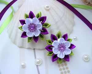 Fleur kanzashi blanc et violet, Barrette cheveux mariage anniversaire, Pince cheveux fille
