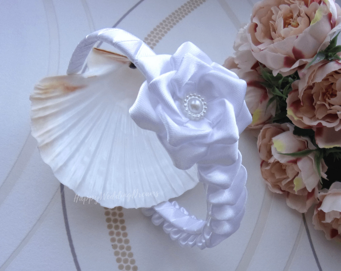 Serre-tête en satin blanc pour mariage ou première communion, Diadème kanzashi