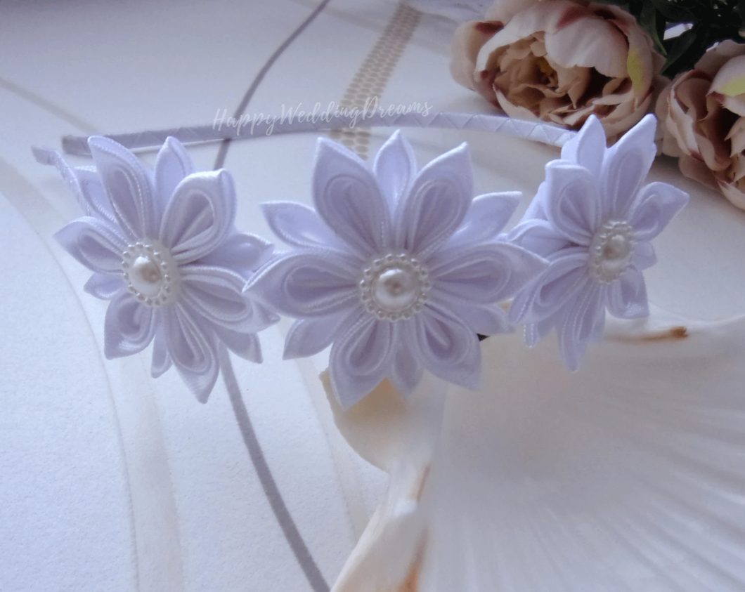 Serre-tête fleurs kanzashi en satin blanc, Bandeau mariage, Diadème première communion