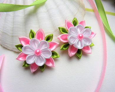 Élastique à cheveux fleur kanzashi rose et blanc pour petite fille, Chouchou queue de cheval