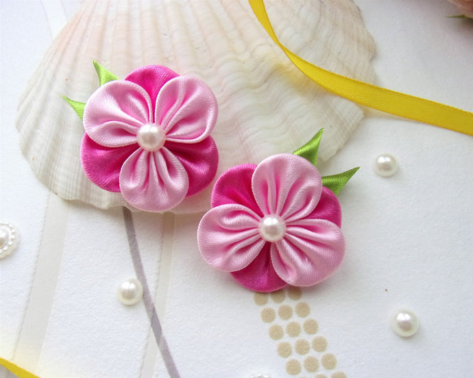 Pince cheveux petite fille, Barrette cheveux avec fleur kanzashi en satin rose