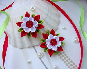 Fleur kanzashi blanc et rouge, Barrette cheveux mariage anniversaire, Pince cheveux fille