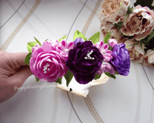 Serre-tête fleurs en satin violet et lilas, Bandeau fleurs mariage champêtre