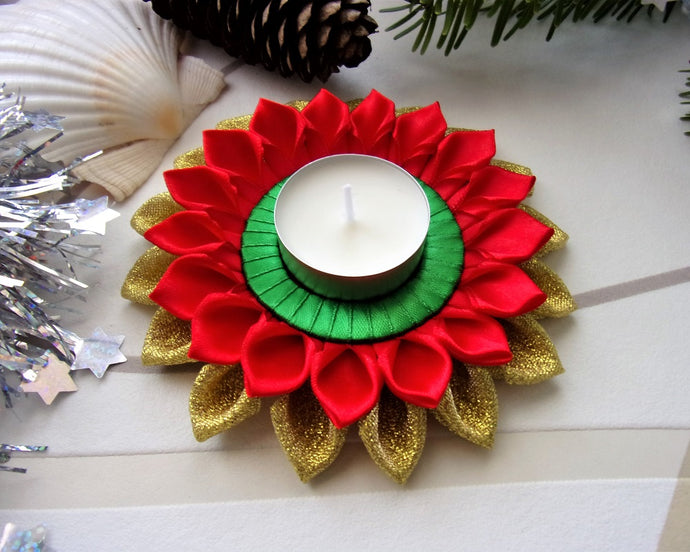 Porte-bougie, Bougeoir de Noël en  rouge, doré et vert, Décoration table de fête