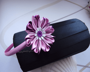 Serre-tête fille fleur kanzashi rose et violet, Bandeau cheveux fleur en satin, Diadème