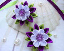 Charger l&#39;image dans la galerie, Fleur kanzashi blanc et violet, Barrette cheveux mariage anniversaire, Pince cheveux fille