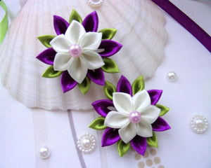 Élastique à cheveux fleur kanzashi violet et crème pour petite fille, Chouchou queue de cheval