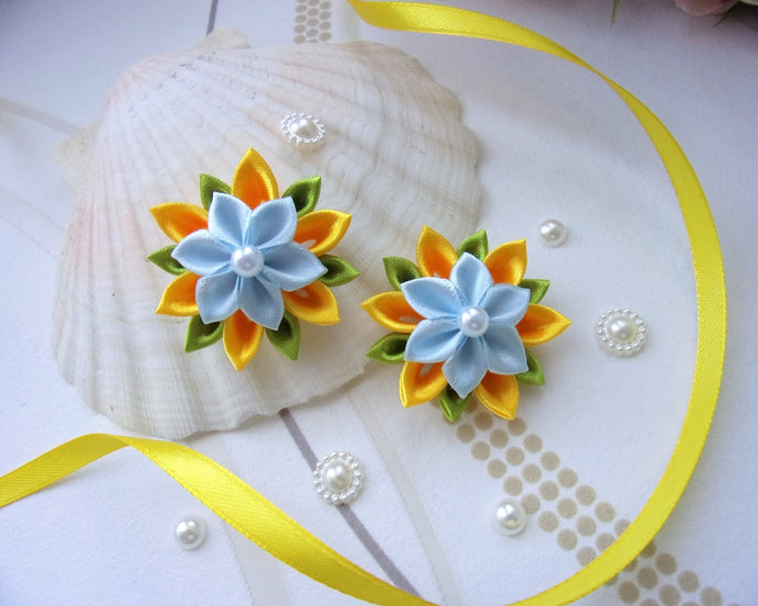 Élastique à cheveux fleur kanzashi jaune et bleu pour petite fille, Chouchou queue de cheval
