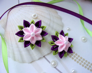 Fleur cheveux, Clip barrette fleur kanzashi en satin violet et rose
