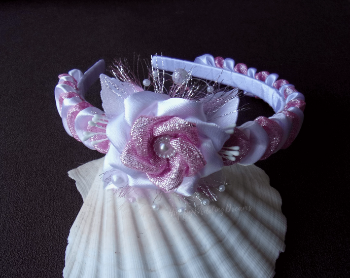 Serre-tête en blanc et rose pour mariage ou communion, Diadème fleur en satin