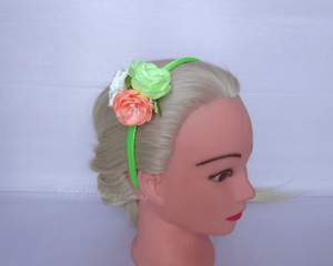 Serre-tête avec fleurs en satin vert et orange, Bandeau cheveux fille, Diadème floral