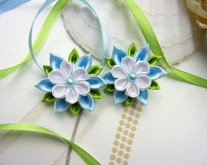 Fleur kanzashi bleu et blanc, Barrette cheveux mariage anniversaire, Pince cheveux fille