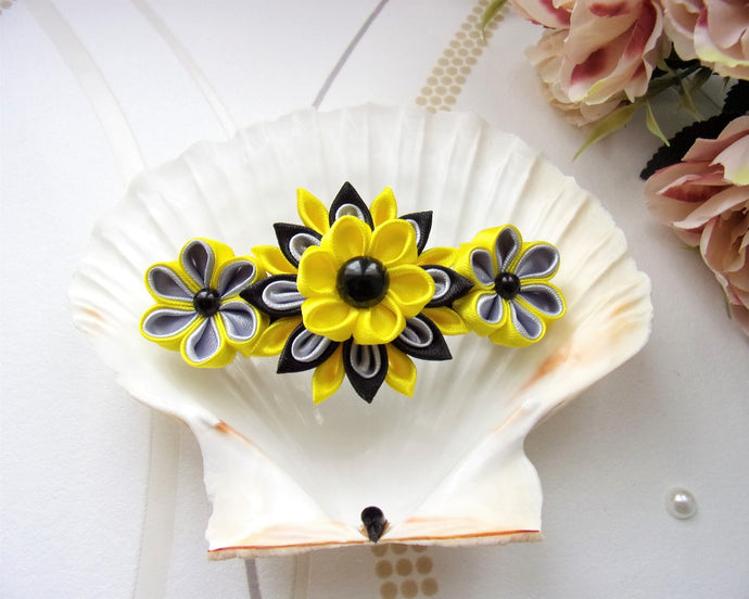 Barrette française avec fleurs kanzashi en jaune et gris, Pince cheveux longs