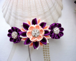 Barrette française avec fleurs kanzashi en violet et orange, Pince à cheveux longs