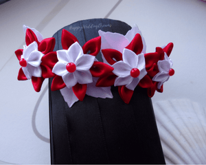 Serre-tête en rouge et blanc mariage, première communion, Bandeau cheveux fille avec fleurs en satin
