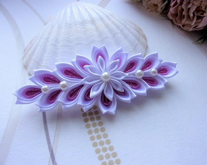 Large Barrette française avec fleurs kanzashi, Pince à cheveux en blanc et rose