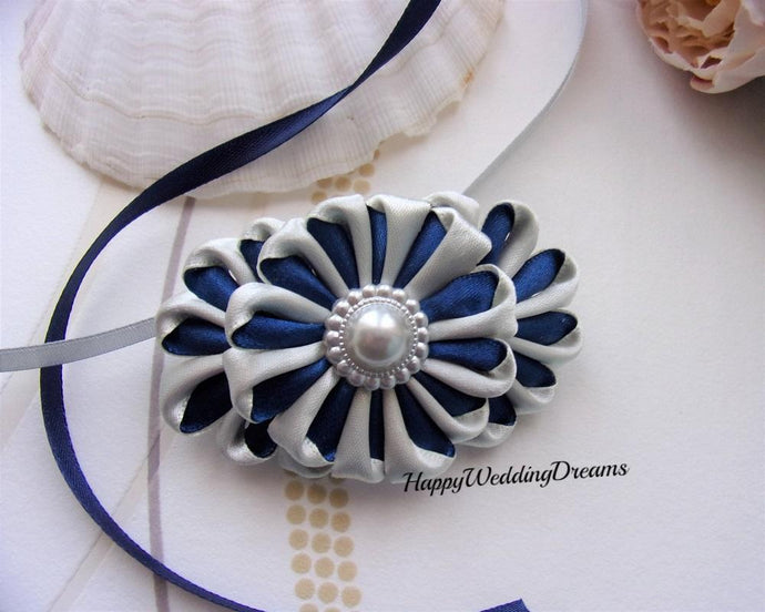 Barrette française en satin gris et bleu marine sous forme de rosette, happyweddingdreams