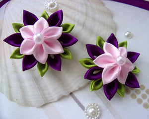 Fleur cheveux, Clip barrette fleur kanzashi en satin violet et rose