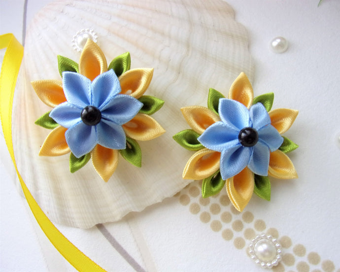 Barrette cheveux fleur kanzashi en jaune et bleu, Pince cheveux fille