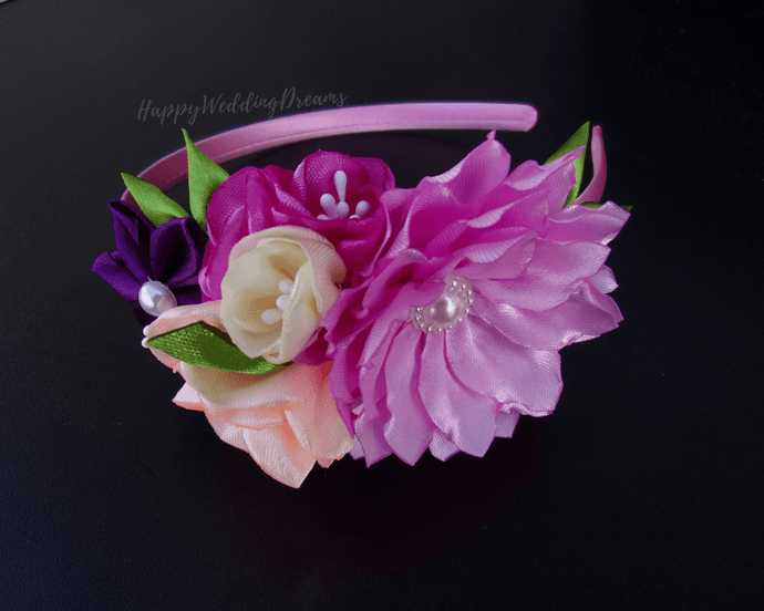 Serre-tête multicolore avec fleurs en satin, Bandeau cheveux fille, Diadème floral
