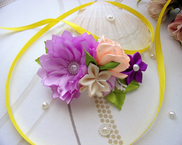 Barrette française avec fleurs en satin lilas et orange,  Pince cheveux mariage champêtre,