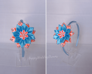 Serre-tête fille fleur kanzashi bleu et orange, Bandeau cheveux fleur en satin, Diadème