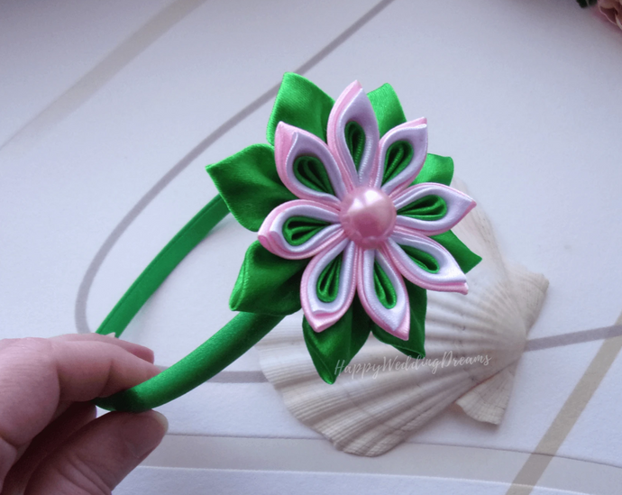 Serre-tête fille fleur kanzashi rose vert et blanc, Bandeau cheveux fleur en satin, Diadème
