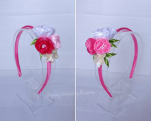 Charger l&#39;image dans la galerie, Serre-tête avec fleurs en satin rose et blanc, Bandeau cheveux fille, Diadème floral