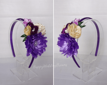 Charger l&#39;image dans la galerie, Serre-tête avec fleurs en satin violet et crème, Bandeau cheveux fille, Diadème floral