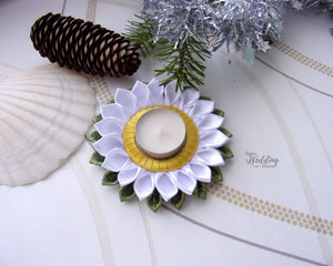 Bougeoir de Noël en blanc, doré et vert, Porte-bougie, Décoration table de fête