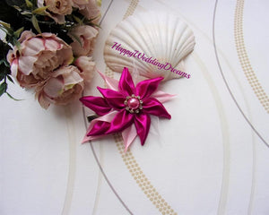 Pince à cheveux fleur en satin magenta et rose, Barrette à cheveux pour mariage