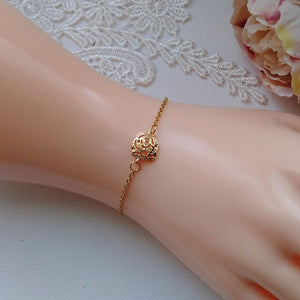 Bracelet de mariage avec rose filigrane dorée et perle, Bracelet délicat de mariée ou demoiselle d'honneur