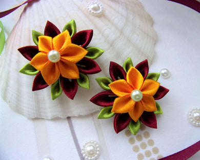 Barrette cheveux fille, Pince cheveux fleur kanzashi en satin bordeaux et jaune