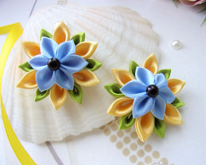 Barrette cheveux fleur kanzashi en jaune et bleu, Pince cheveux fille