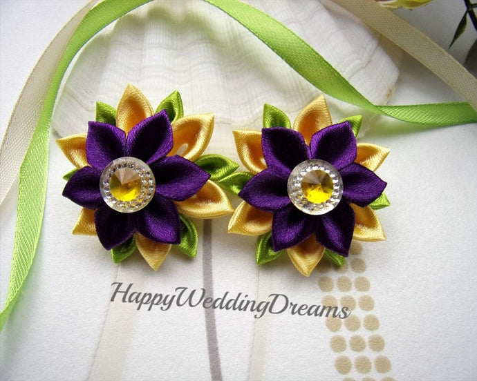 Lot de 2 barrettes pour enfant ou élastiques à cheveux avec fleurs kanzashi en satin jaune et mauve foncé
