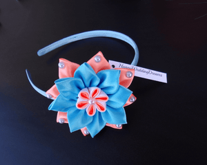 Serre-tête fille fleur kanzashi bleu et orange, Bandeau cheveux fleur en satin, Diadème