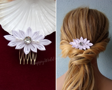 Peigne cheveux mariage blanc fleurs kanzashi