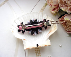 Pince à cheveux avec fleurs kanzashi en satin noir, gris et vieux rose, Barrette française